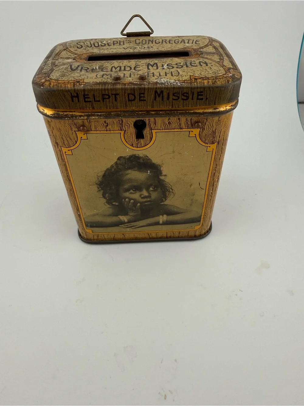 Antique Dutch St Joseph Mission Tin Charity Collection Box Bank 1920s 1930s